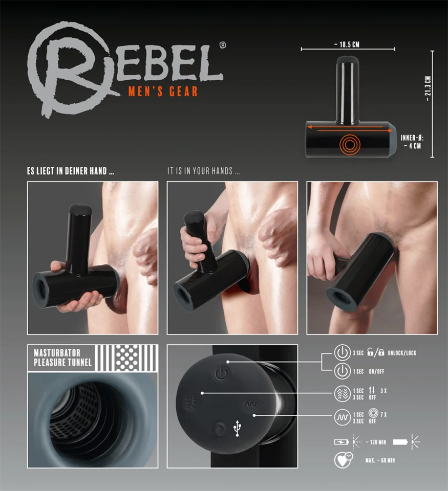 Rebel - akkus, fel-le mozgó, vibráló maszturbátor (fekete)