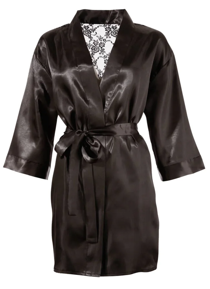 Cottelli - szatén-csipke, rövid kimonó (fekete)