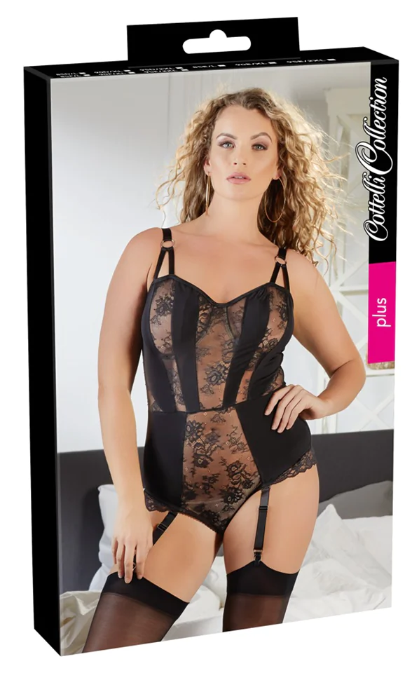 / Cottelli Plus Size - virágos, harisnyatartós női body (fek