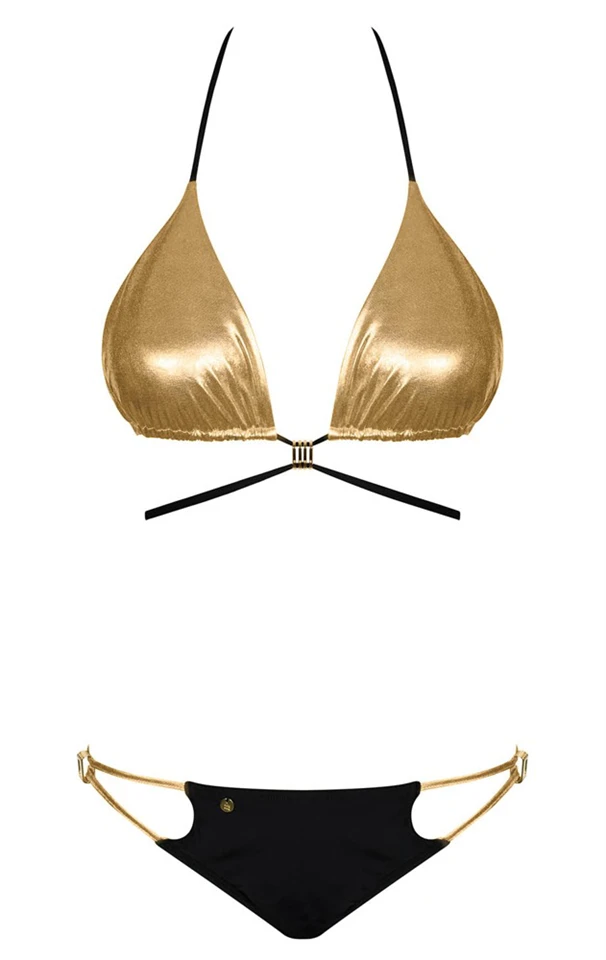 Obsessive Goldivia - fényes, nyakpántos bikini (arany-fekete)