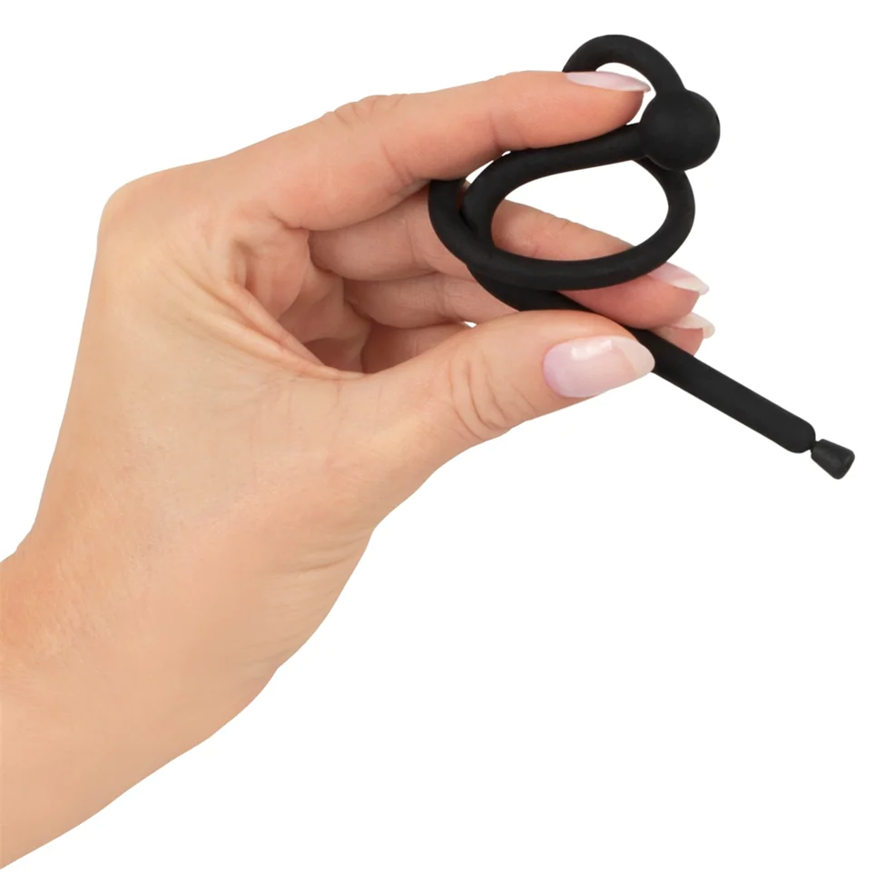 Penisplug Dilator - szilikon húgycsőtágító makkgyűrűvel (0,6mm) - fekete