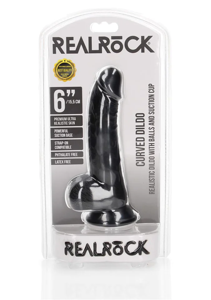 RealRock Curved - tapadótalpas, herés realisztikus dildó - 15,5cm (fekete)