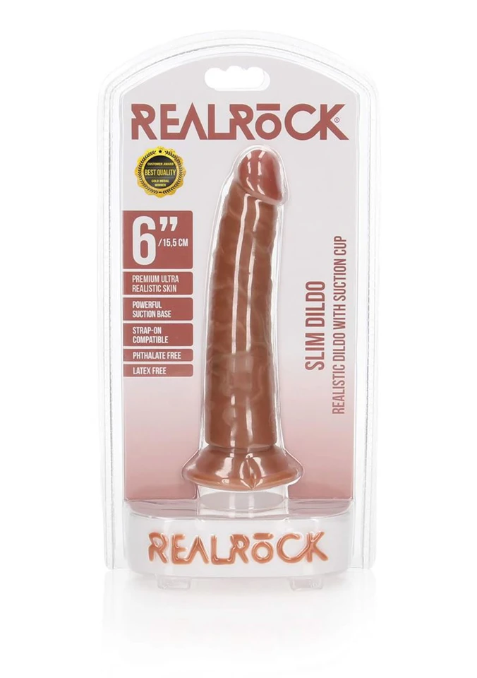 RealRock Slim - tapadótalpas, realisztikus dildó - 15,5cm (sötét natúr)