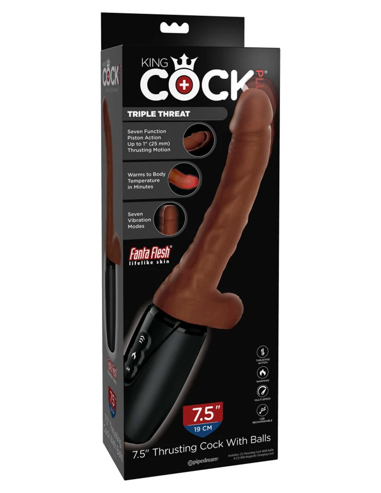 7.5" Thrusting Cock with Balls Brown