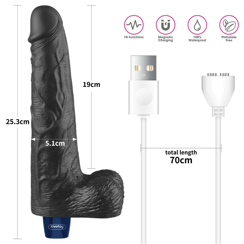 10" REAL SOFTEE Rechargeable Vibrating Dildo(Black)