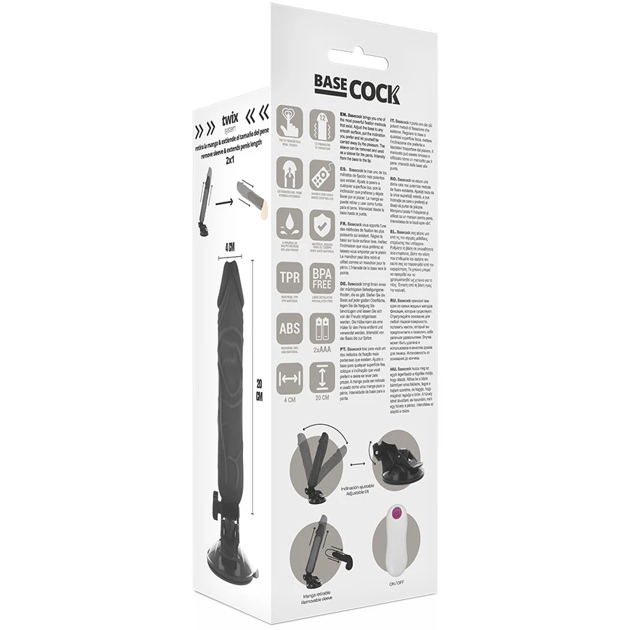 BASECOCK - REALISZTIKUS VIBRÁTOR TÁVIRÁNYÍTÓVAL FEKETE 20 CM