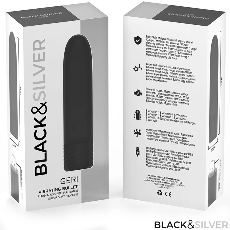 BLACK&SILVER - GERI USB ÚJRATÖLTHETŐ VIBRÁLÓ GOLYÓ 8 REZGÉS FEKETE 10 X 2.2 CM