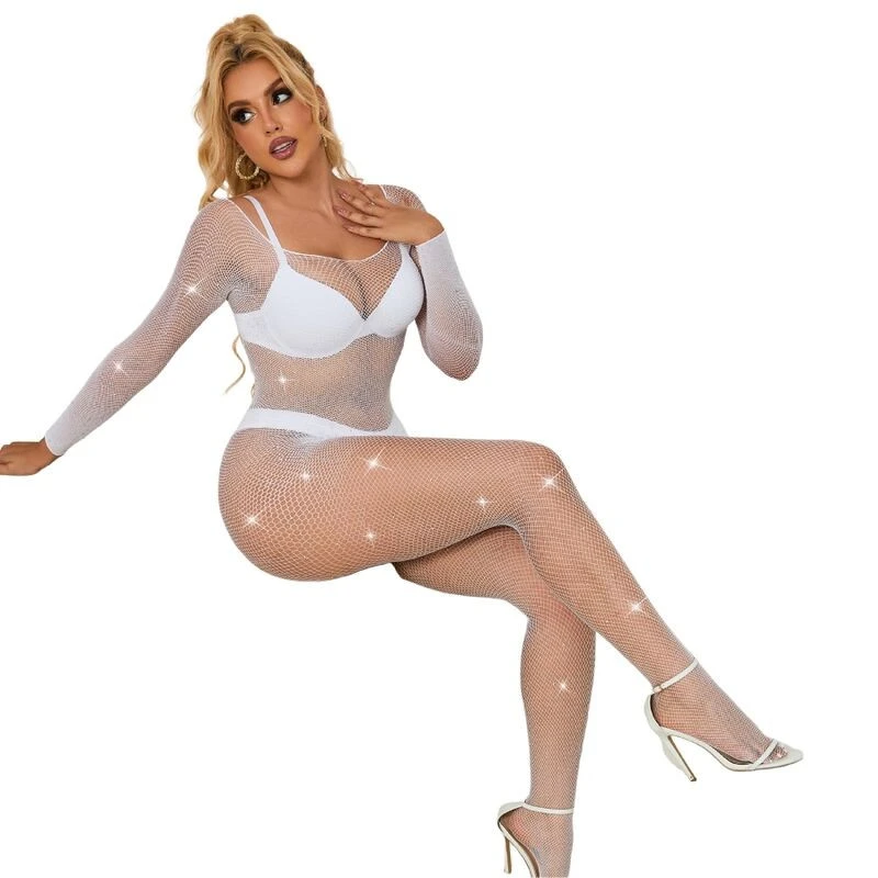 SUBBLIME - 952396 HÁLÓS BODYSTOCKING GYÉMÁNTOKKAL HOSSZÚ UJJÚ FEHÉR EGY MÉRET