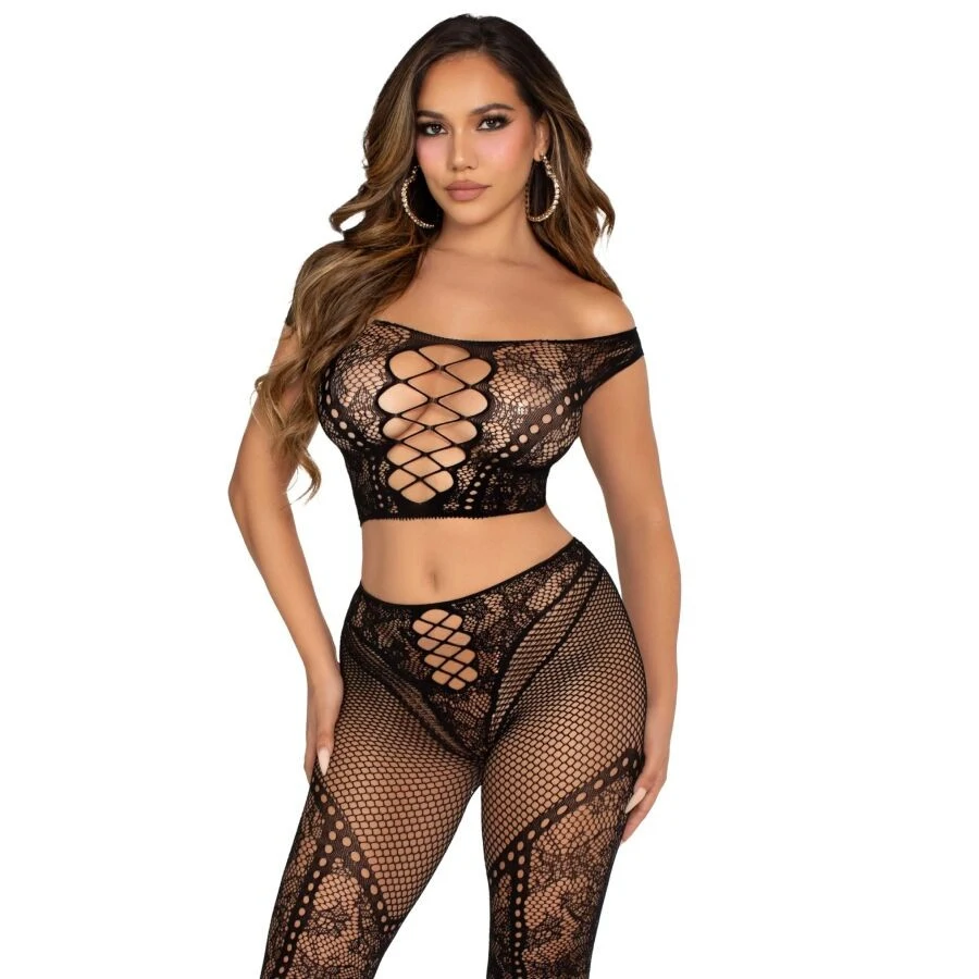 LEG AVENUE – fekete hálós leggings és crop top vállra szabadon