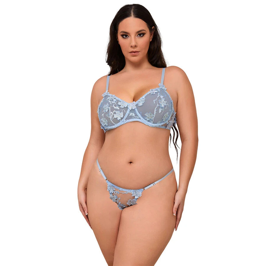 SUBBLIME - virágmintás melltartó és tanga szett, égkék L/XL