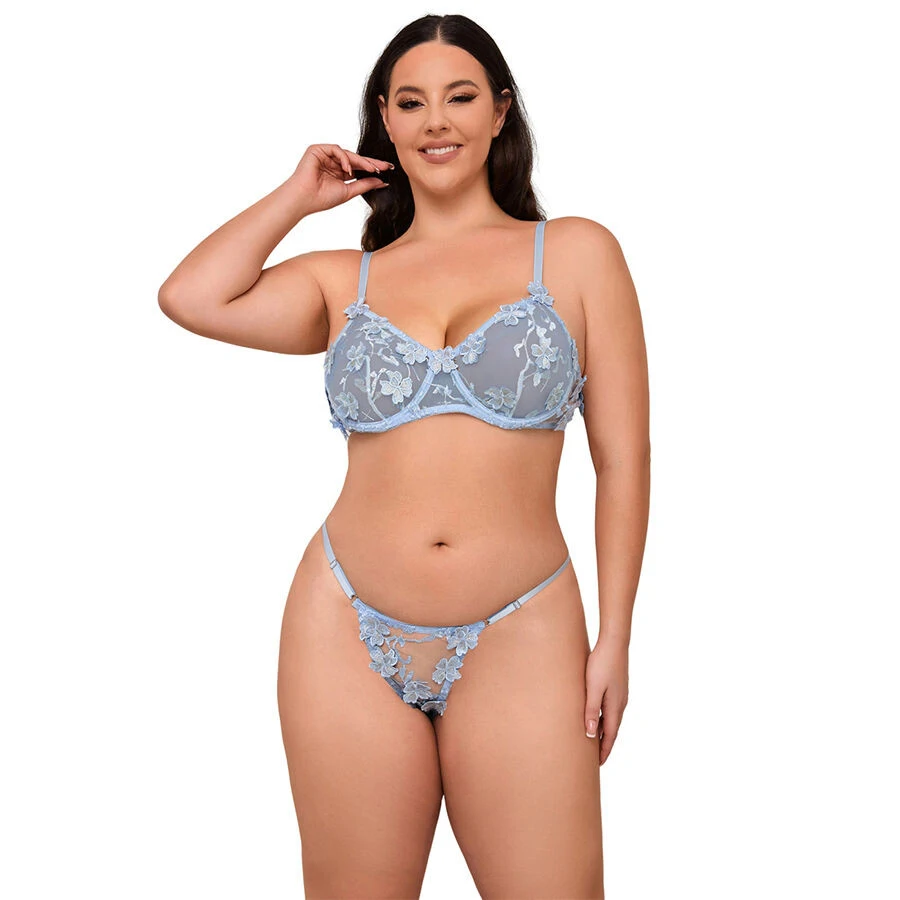 SUBBLIME - virágmintás melltartó és tanga szett, égkék L/XL