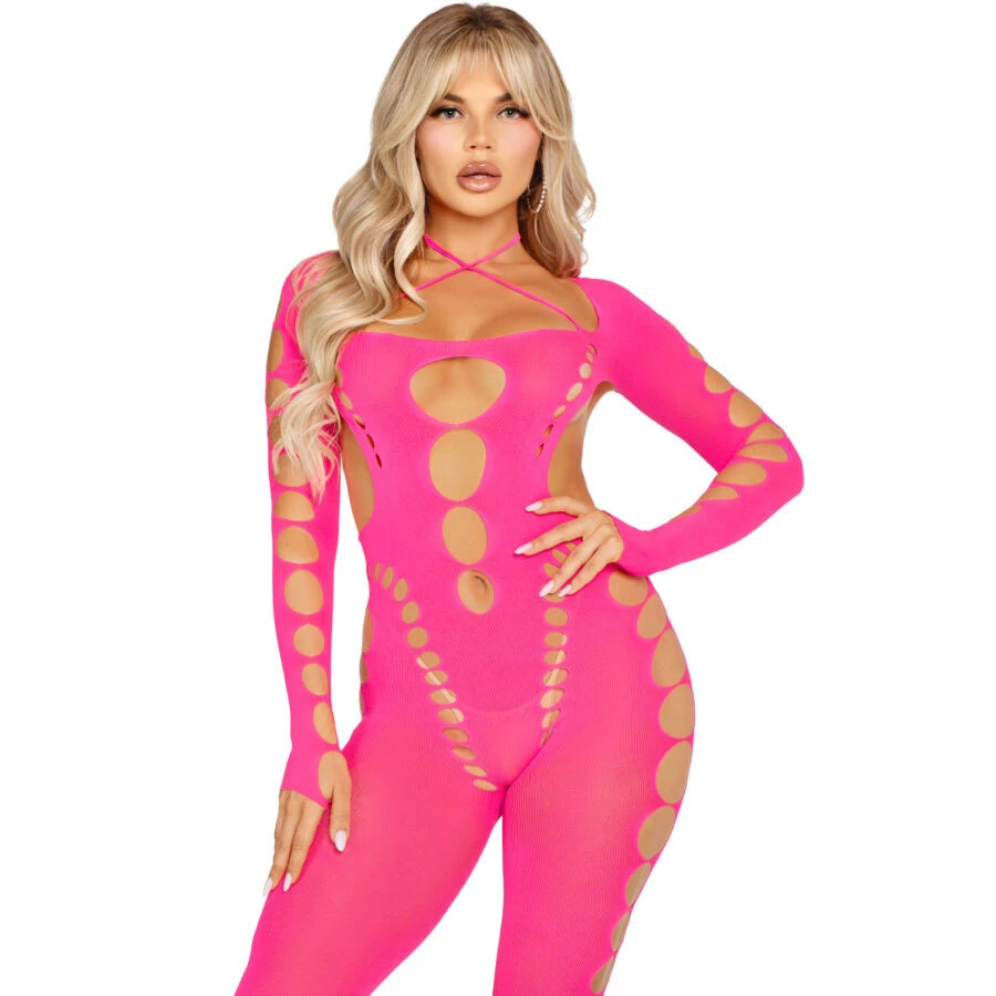LEG AVENUE - Rózsaszín, nyitott hátú bodystocking, egy méret
