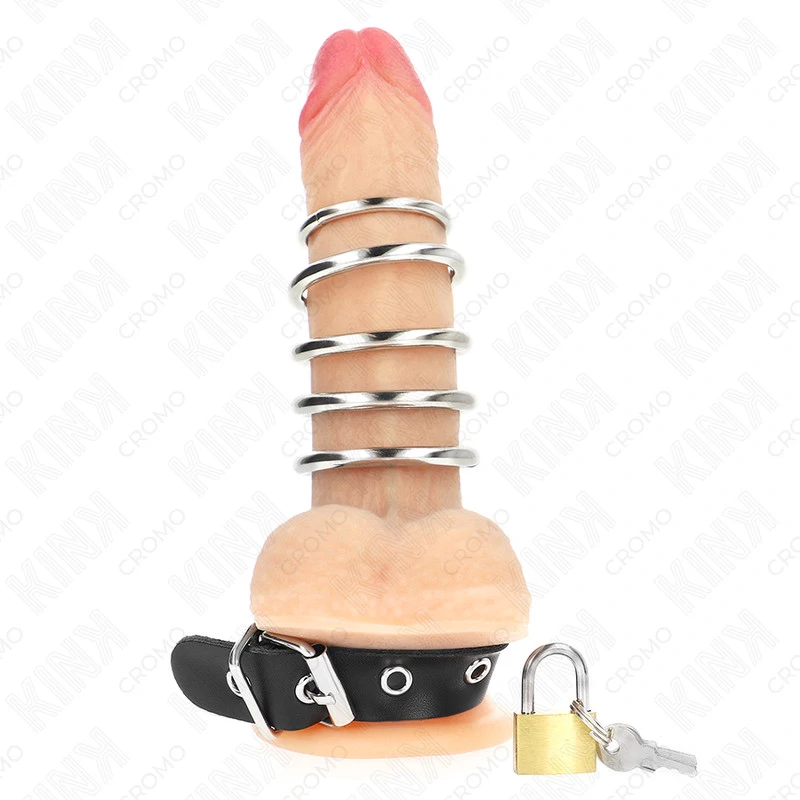 KINK - bőrszexgyűrű zárpánttal, 5 fémgyűrűvel