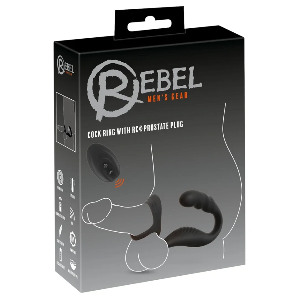 Rebel - prosztata vibrátor pénisz-és heregyűrűvel (fekete)