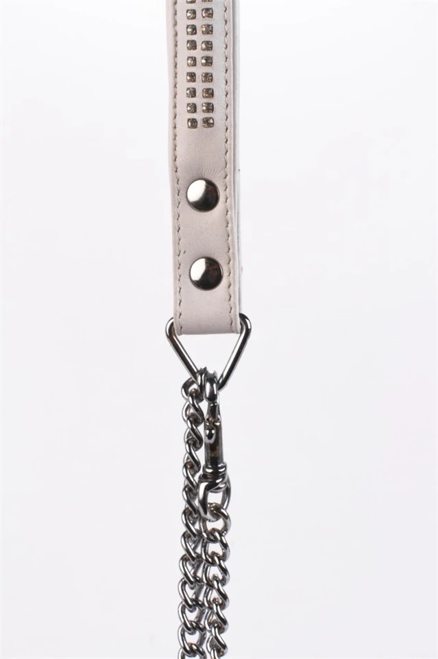 Lamb Leather Handle with 2 Rows of Small Rhinestones and Metal Chain White