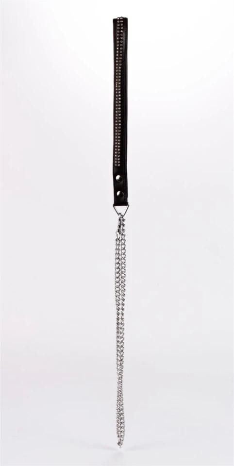 Lamb Leather Handle with 2 Rows of Small Rhinestones and Metal Chain Black