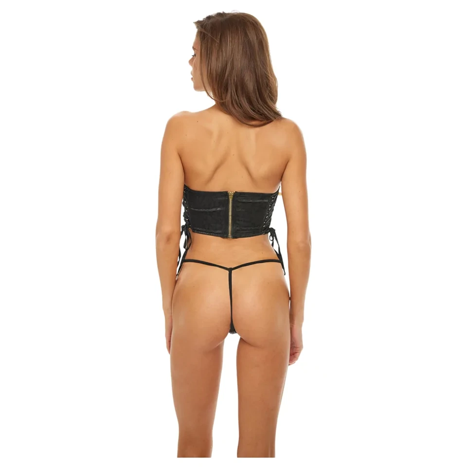 Bombshell - cropp, leopárd mintás fűző és tanga (fekete)