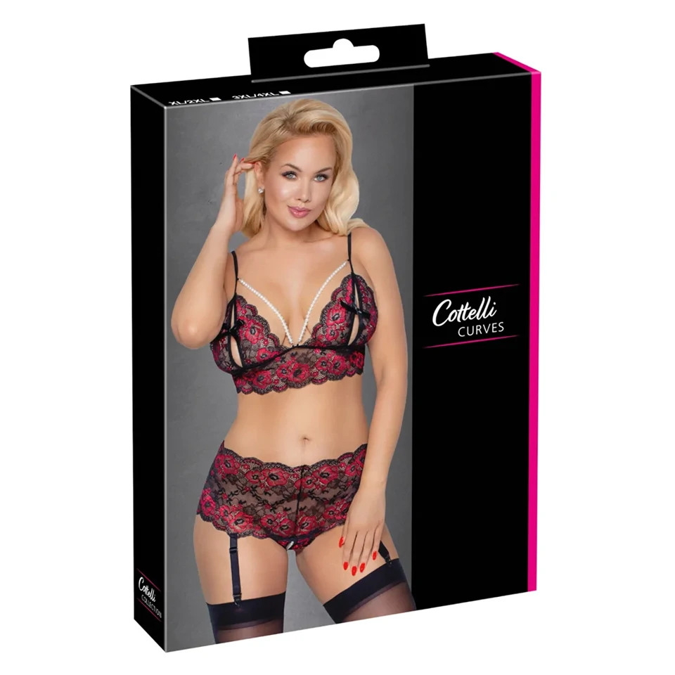 Cottelli Curves - virágos, nyitott melltartó szett (fekete)