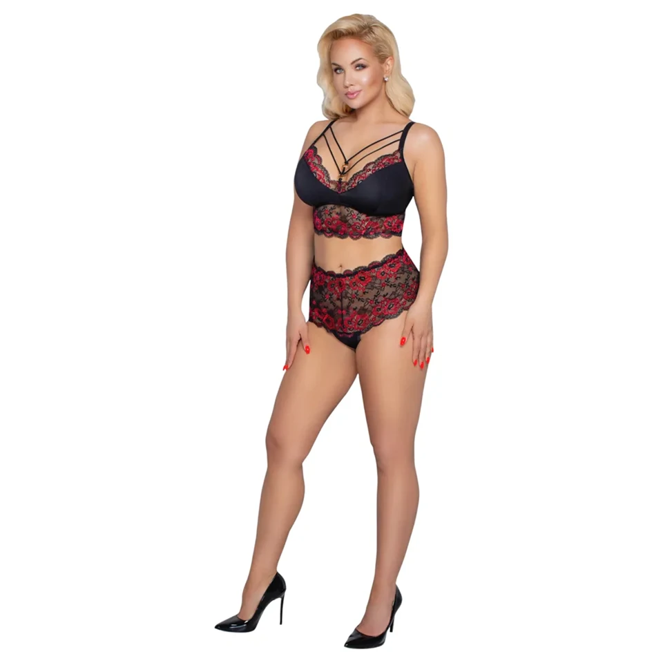 Cottelli Curvies - virágos csipke fehérnemű szett (fekete)