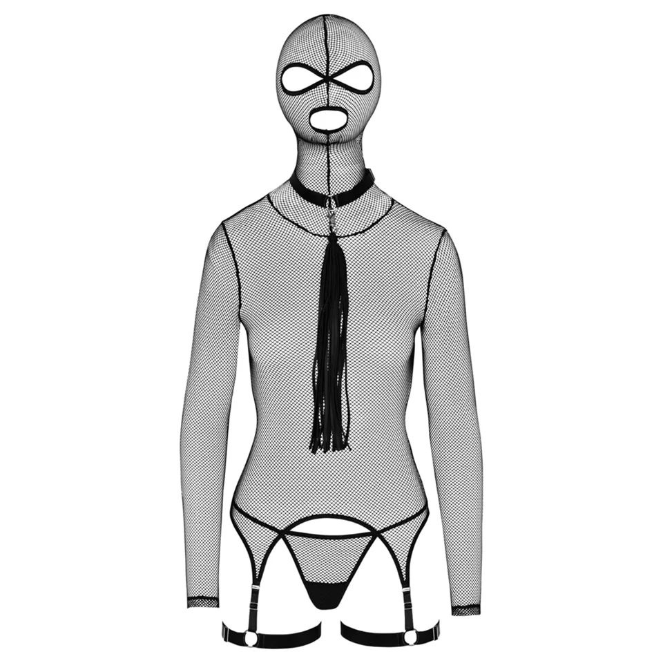 Bad Kitty - BDSM áttetsző necc szett korbáccsal (fekete)