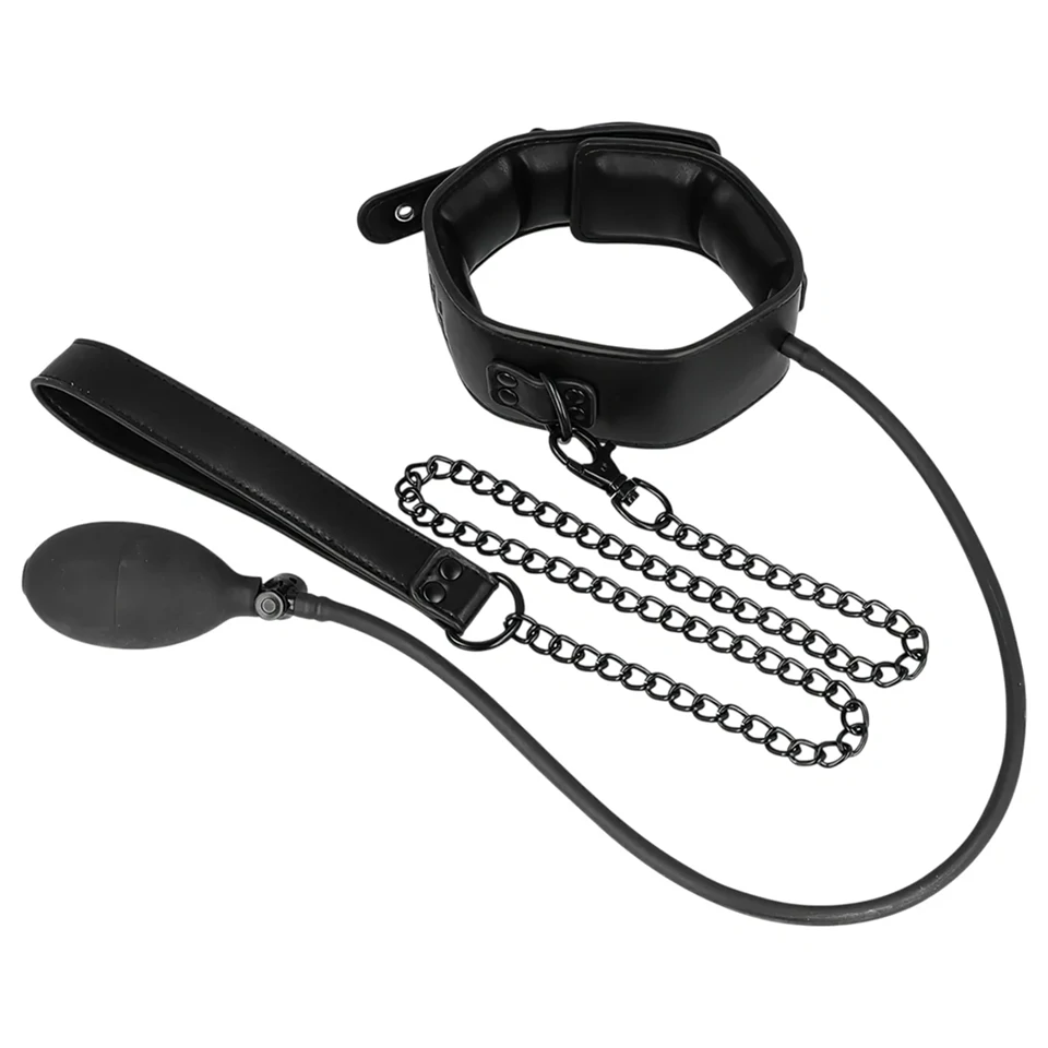 Fetish - felpumpálható nyakörv pórázzal (fekete)