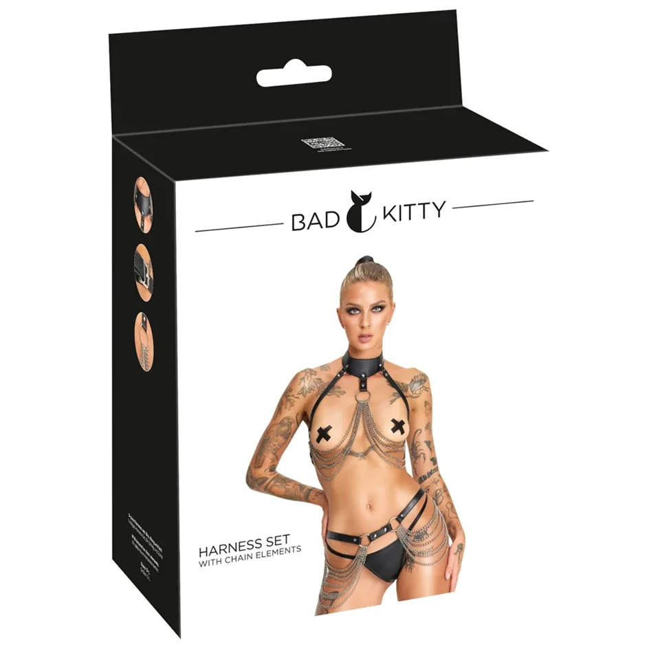 Bad Kitty - 3 részes harness szett mell- és csípőpánttal - fekete (S-L)
