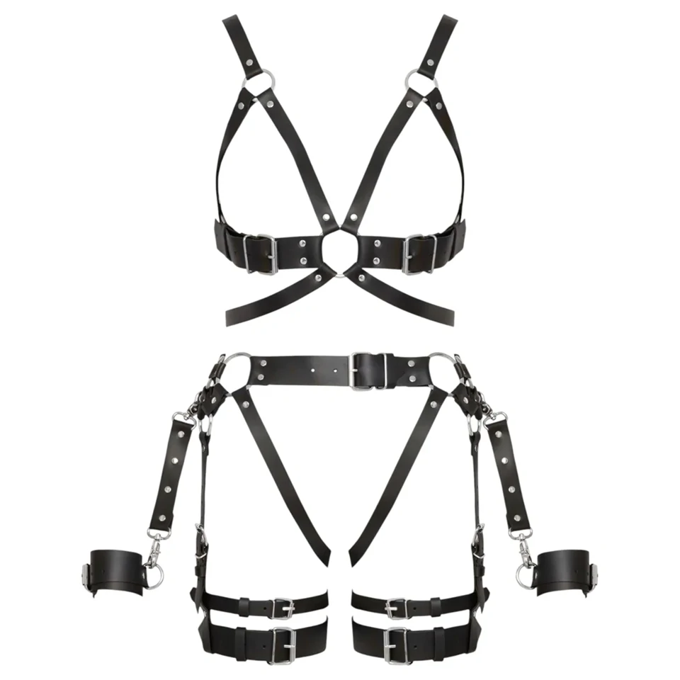 ZADO - többrészes bőr harness szett bilinccsel - fekete (S-M)