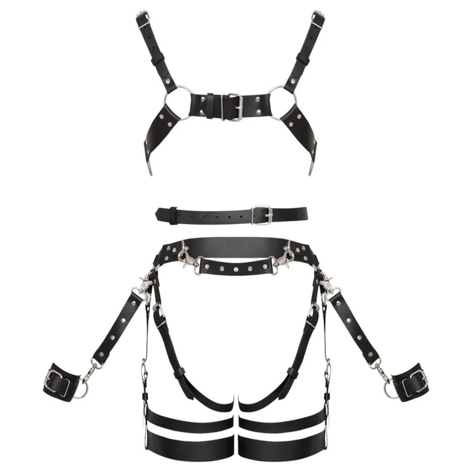 ZADO - többrészes bőr harness szett bilinccsel - fekete (S-M)
