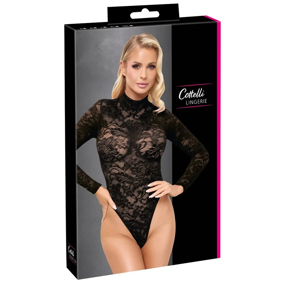 Cottelli - hosszú ujjú csipke body (fekete) - S
