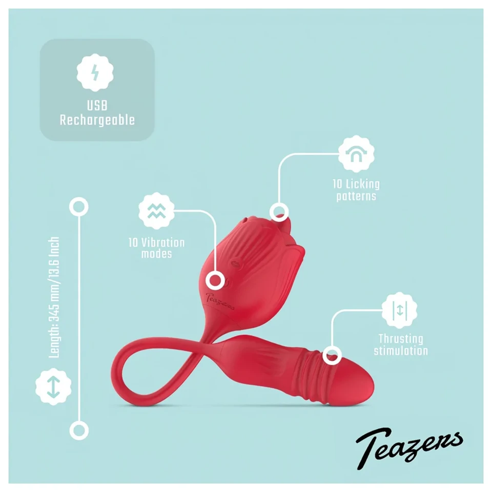 Teazers Rose - lökő vibrátor nyelves csiklóizgatóval (piros)