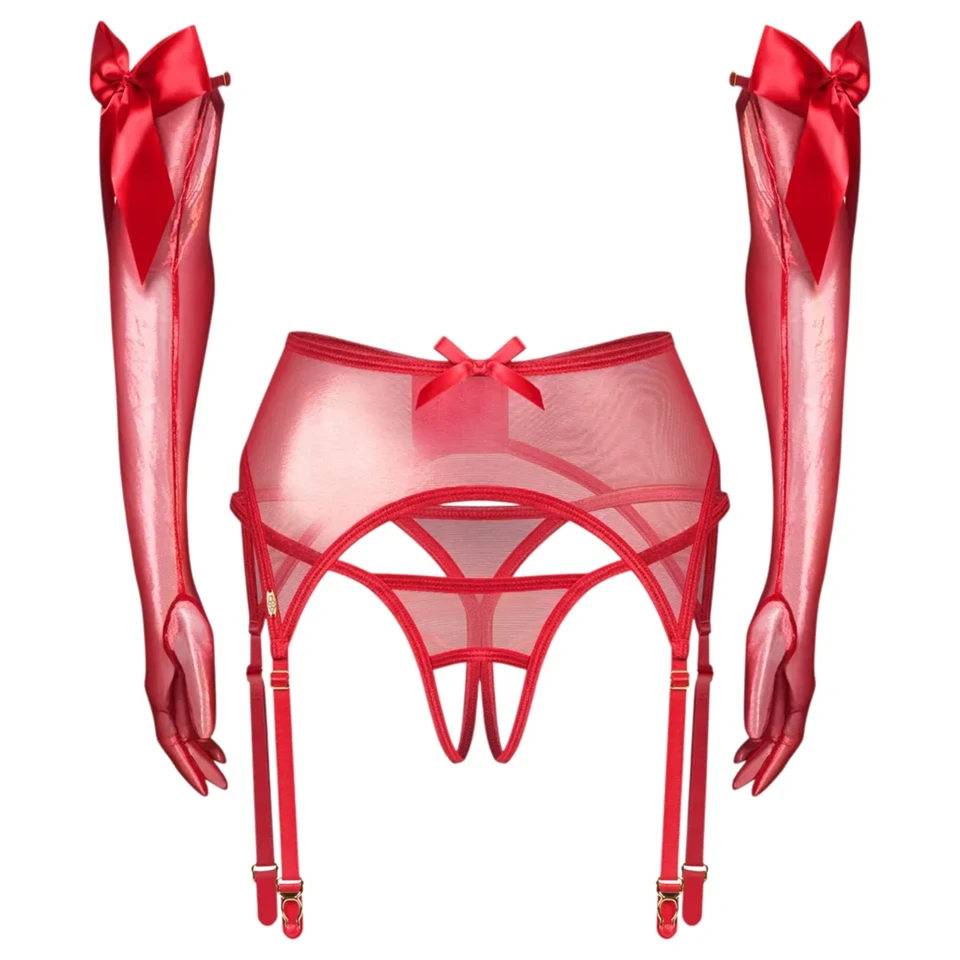 Obsessive Gifty - háromrészes szett harisnyakötővel (piros)