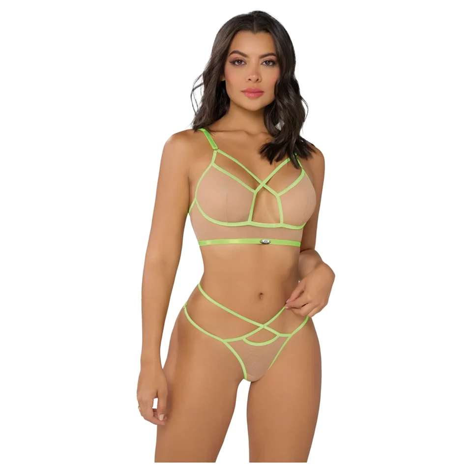 Zôf Rosie - neon pántos melltartó és tanga szett (testszínű/zöld)
