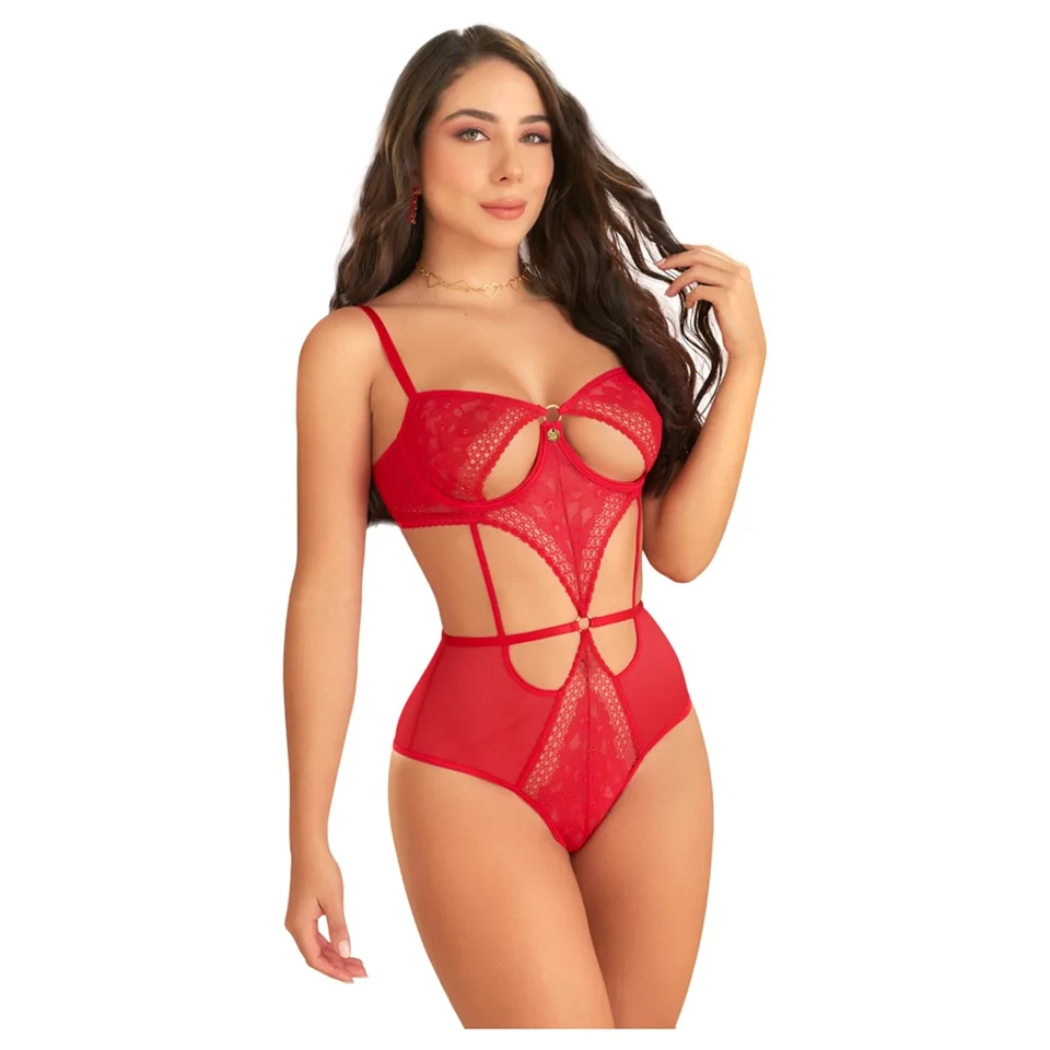 Zôf Ruby - kivágásos csipke body állítható pántokkal (piros)
