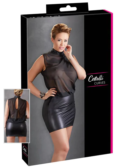 Cottelli Plus Size - fényes chiffon ruha (fekete)