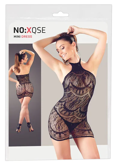 NO:XQSE - absztrakt mintás, ujjatlan necc ruha tangával (fek