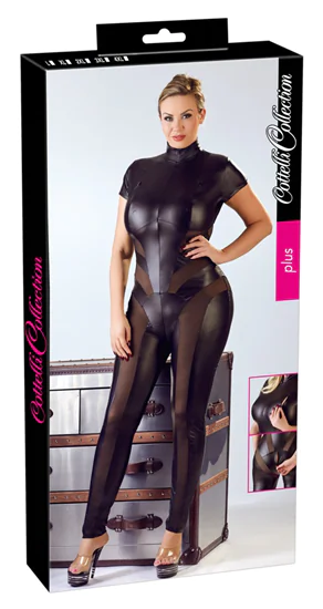 Cottelli Party Plus Size - rövidujjú fényes overall (fekete)