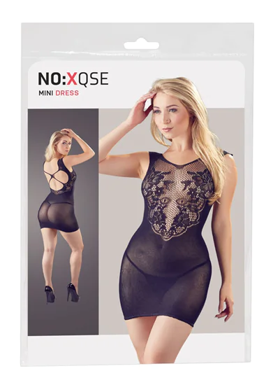 NO:XQSE - virágos, necc betétes ruha tangával (fekete)