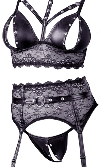 Cottelli Bondage - csipkés-fényes fehérnemű szett bilinccsel