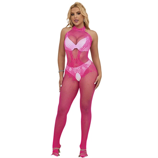 SUBBLIME - 952389 HÁLÓS ÉS CSIPKÉS BODYSTOCKING MAGAS NYAKKAL RÓZSASZÍN EGY MÉRETBEN