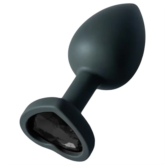 Sunfo - szilikon anál plug szív alakú fekete kővel (fekete)