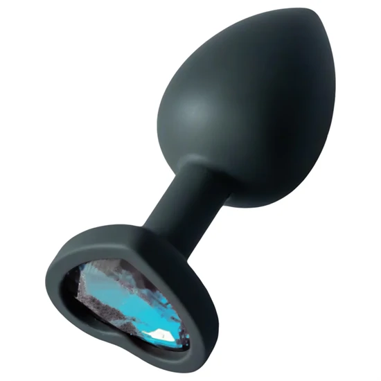 Sunfo - szilikon anál plug szív alakú kék kővel (fekete)