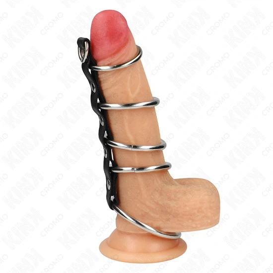 KINK – fém péniszgyűrűk bőrkötéssel, 3,2-5 cm