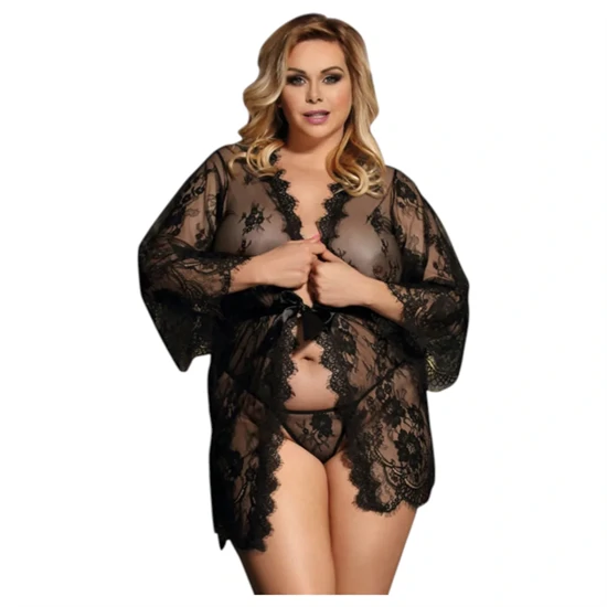 Subblime Queen Plus - csipke köntös szett - fekete (XL-2XL)